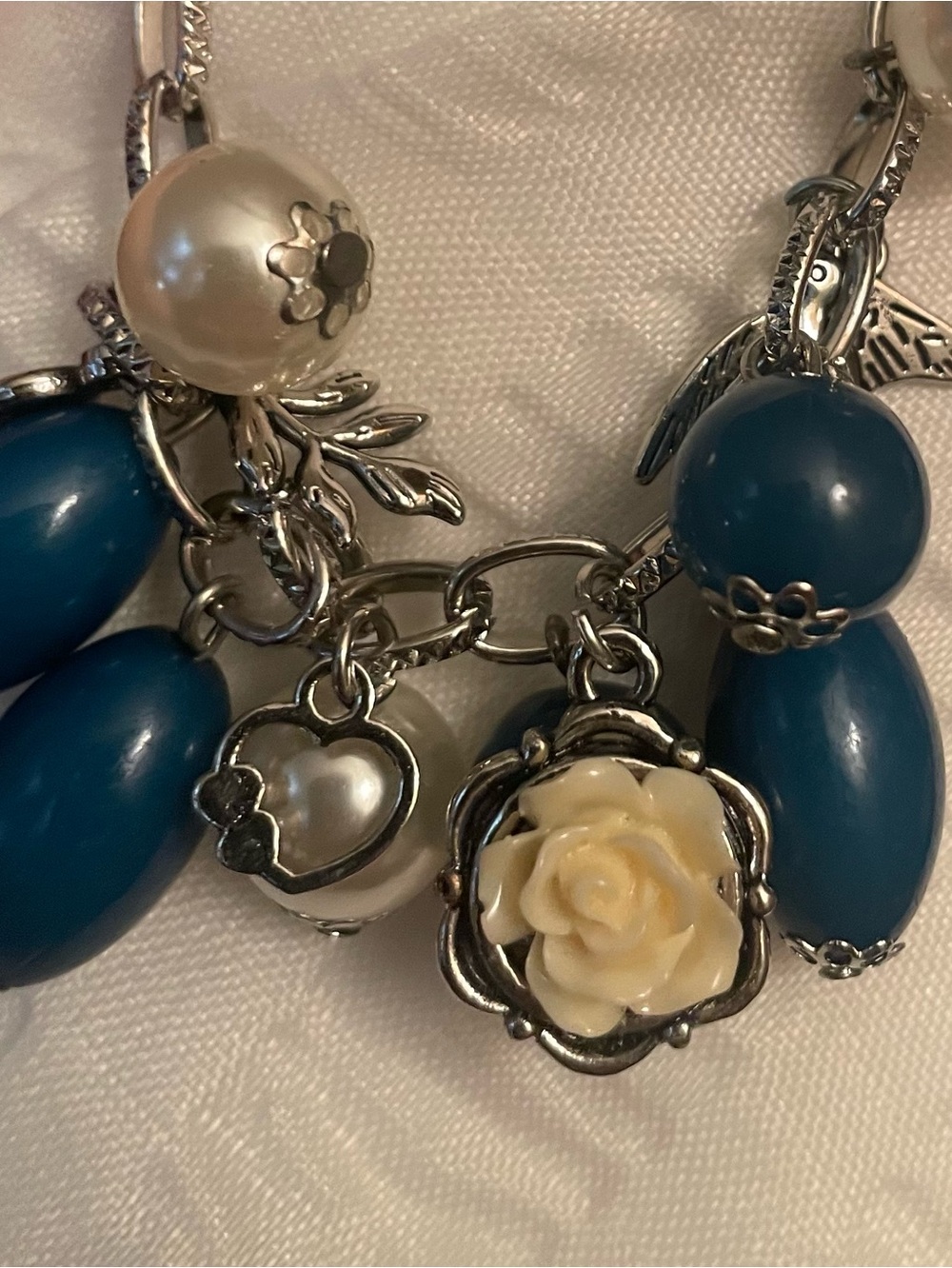Blue Bead and Ivory Rose Charm Bracelet with Dove & Feather- Women Jewelry